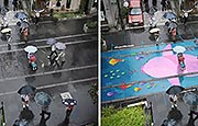 首尔街头神奇涂鸦 下雨天路面变卡通
