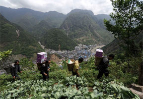 村民自救 背粮上山